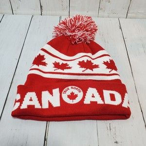 Canada Beanie Hat Cap Red White Pompom Adult One Size Knit Cuffed Striped